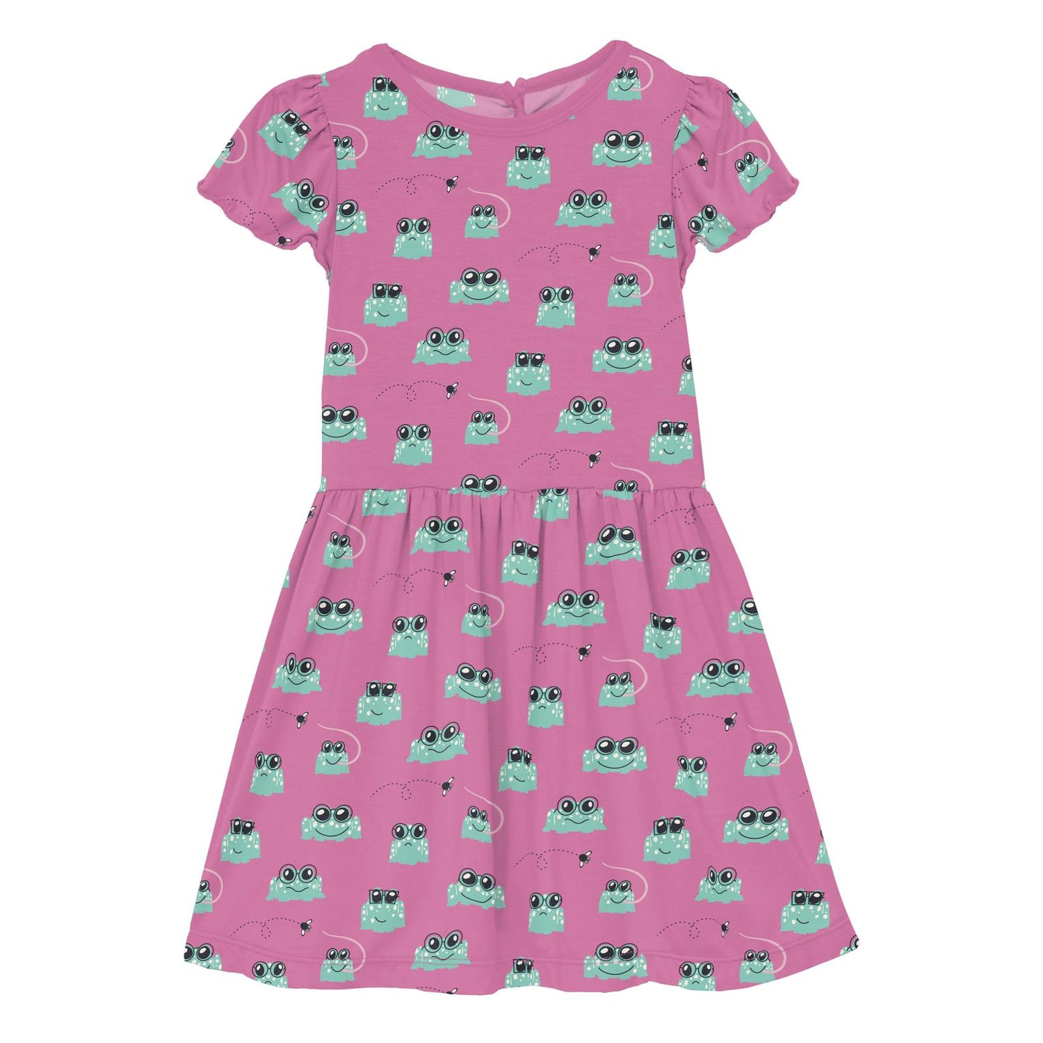 Print Flutter Sleeve Twirl Dress with Pockets in Tulip Bespeckled Frogs