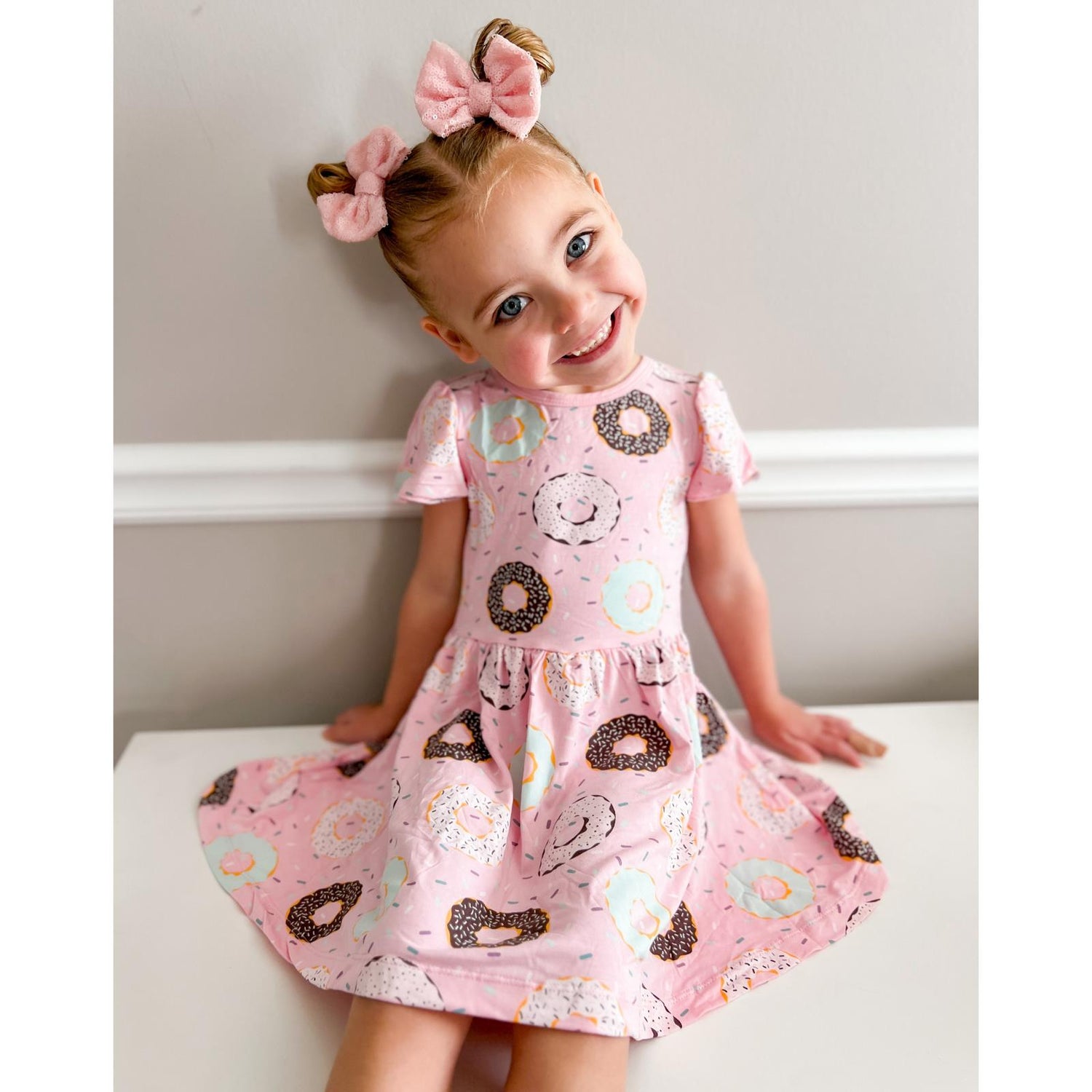 Print Flutter Sleeve Twirl Dress with Pockets in Cake Pop Donuts and Sprinkles (359574)