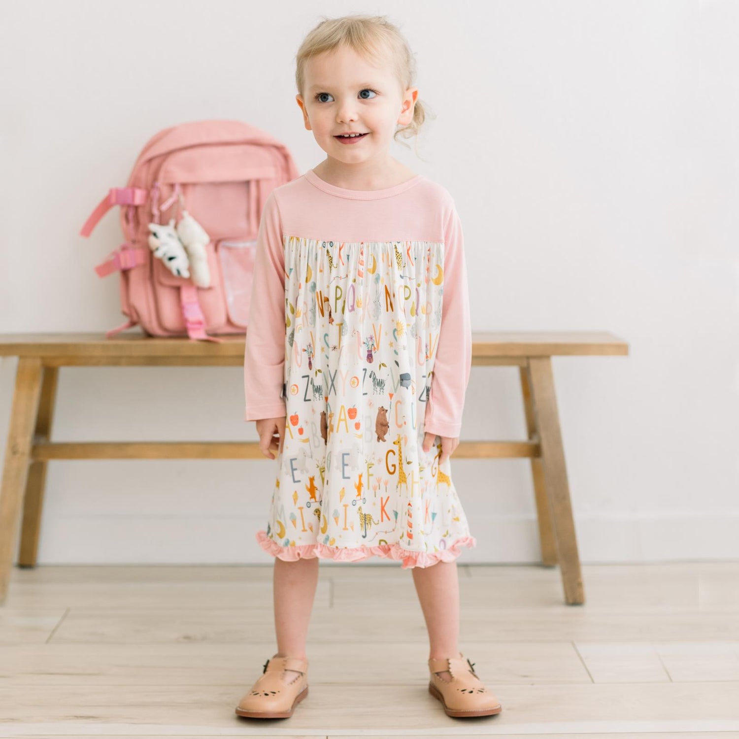 Print Long Sleeve Swing Dress in Animal Alphabet (373370)