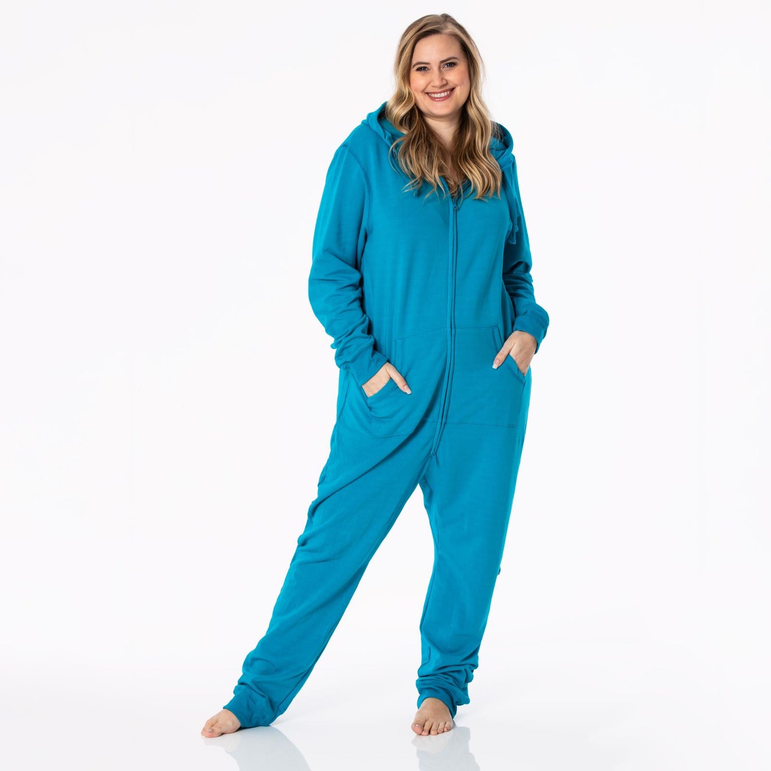 Adult Fleece Jumpsuit with Hood in Cerulean Blue