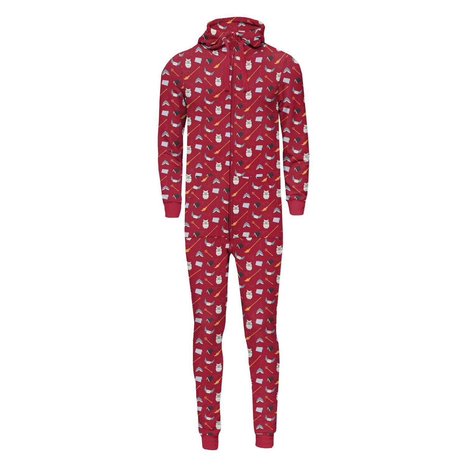 Print Adult Fleece Jumpsuit with Hood in Crimson Magical World