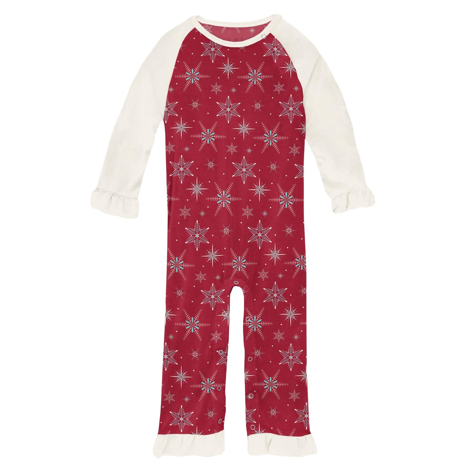 Print Ruffle Raglan Romper in Crimson Snowflakes (229129)
