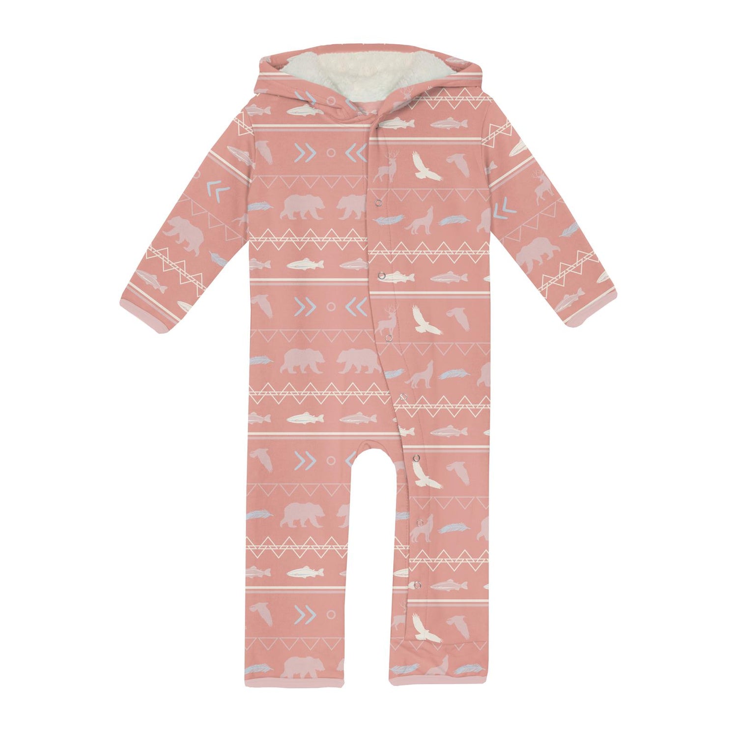 Print Fleece Coverall with Sherpa-Lined Hood and Ears in Blush Native Tribal Lore