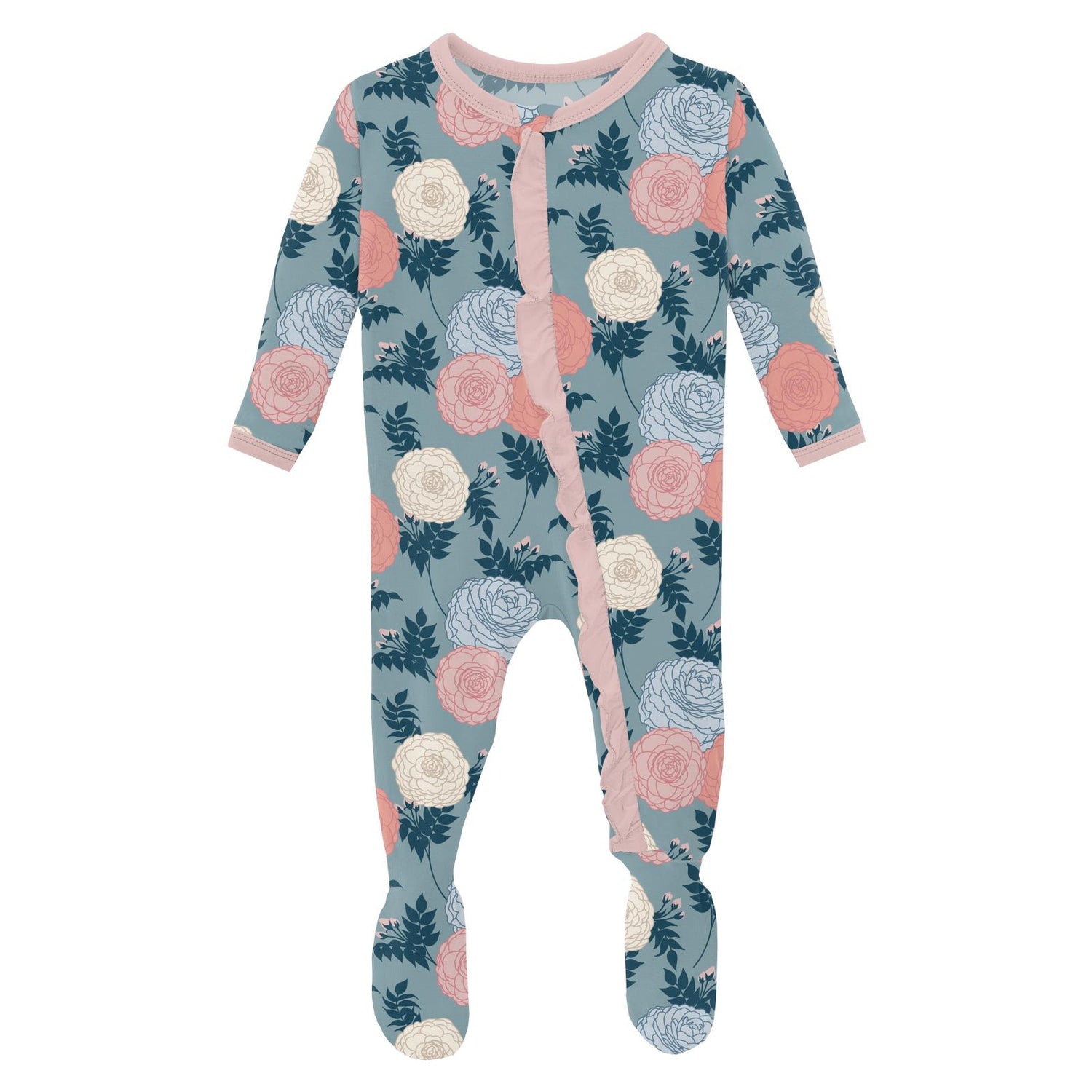 Print Classic Ruffle Footie with 2 Way Zipper in Stormy Sea Enchanted Floral
