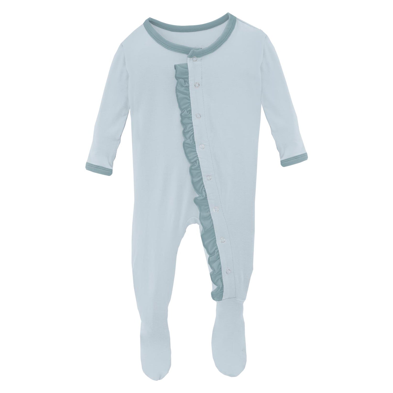 Classic Ruffle Footie with Snaps in Illusion Blue with Stormy Sea