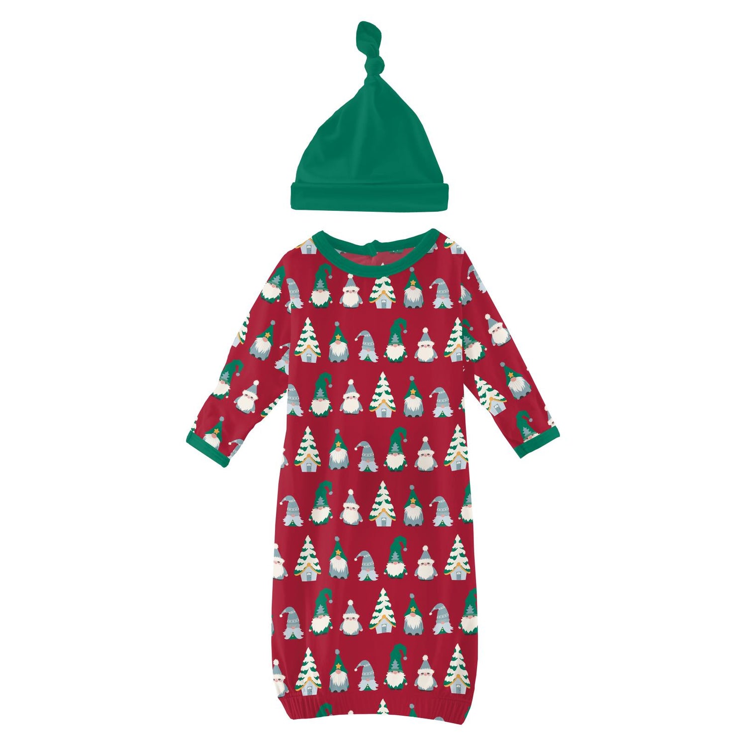 Print Layette Gown & Single Knot Hat Set in Crimson Gnomes