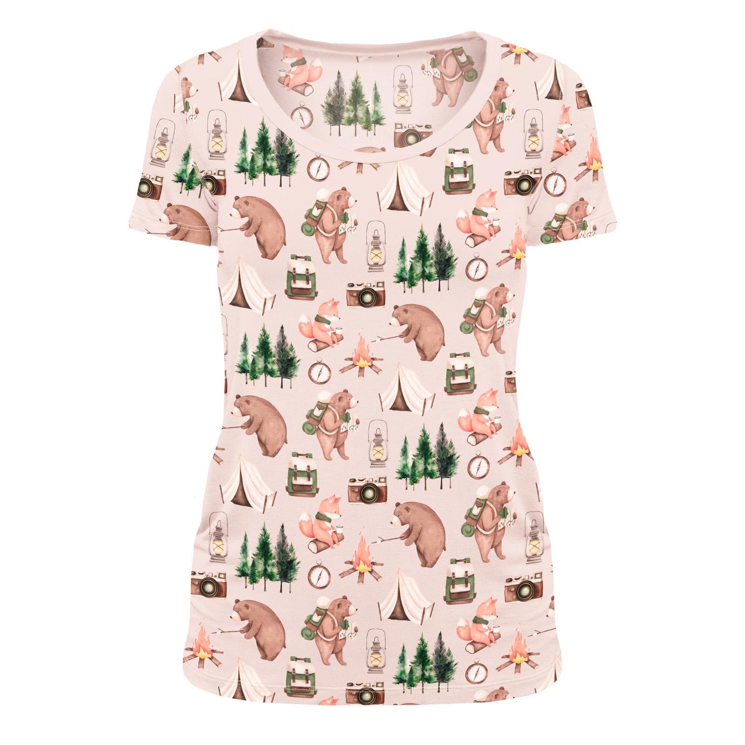 Women's Print Short Sleeve Scoop Neck Tee in Latte Camping Animals (321927)
