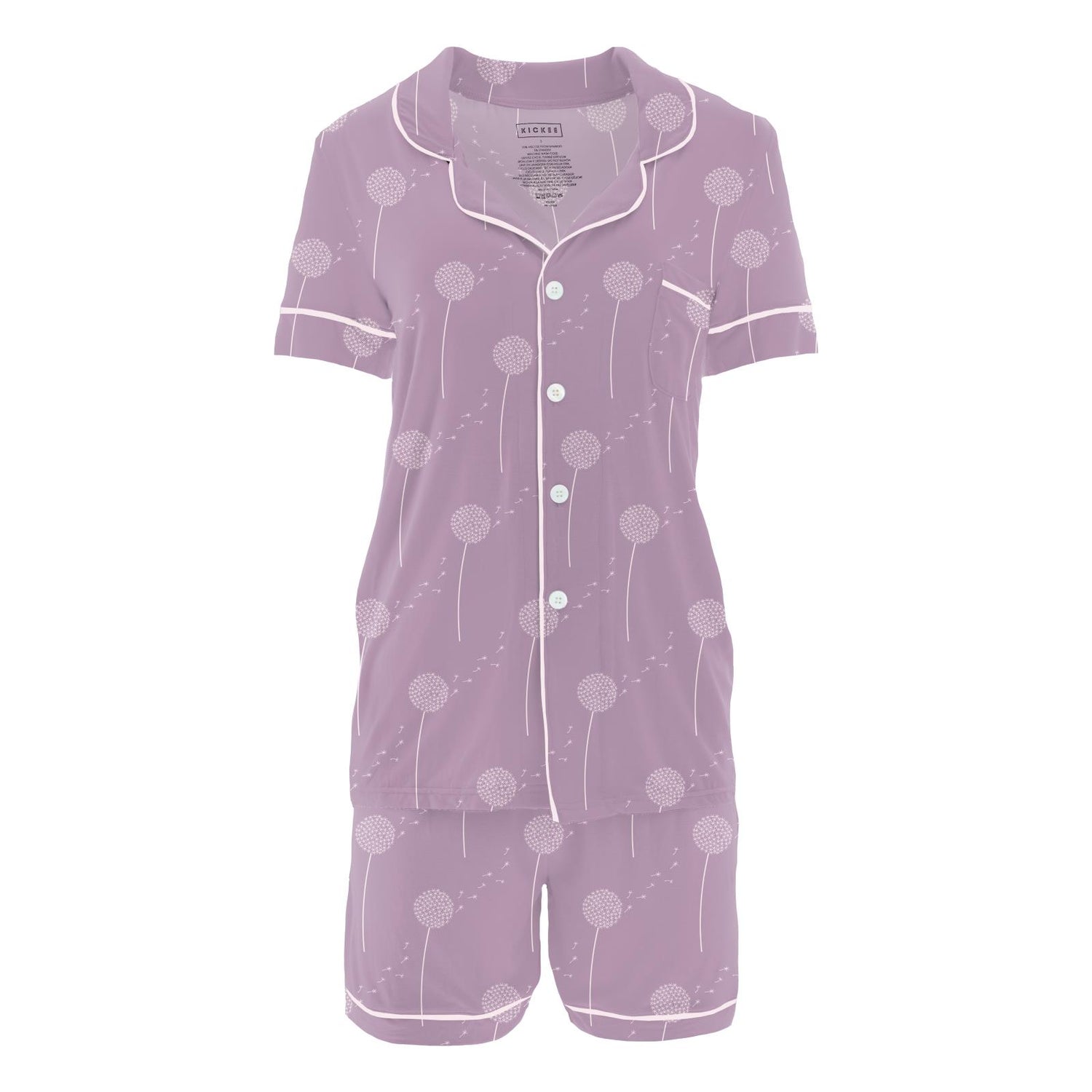 Women's Print Short Sleeve Collared Pajama Set with Shorts in Lavender Dandelion Wish (321964)