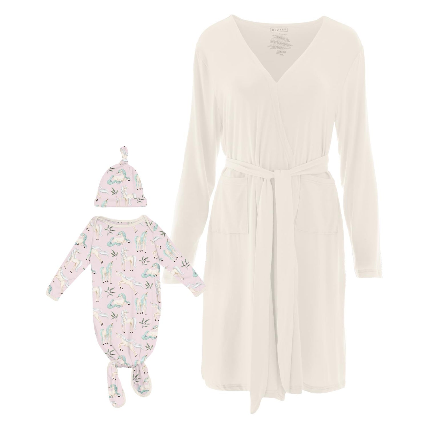 Women's Print Mid-Length Lounge Robe & Knotted Layette Gown Set in Shrinking Violet Sleeping Unicorns (321960)