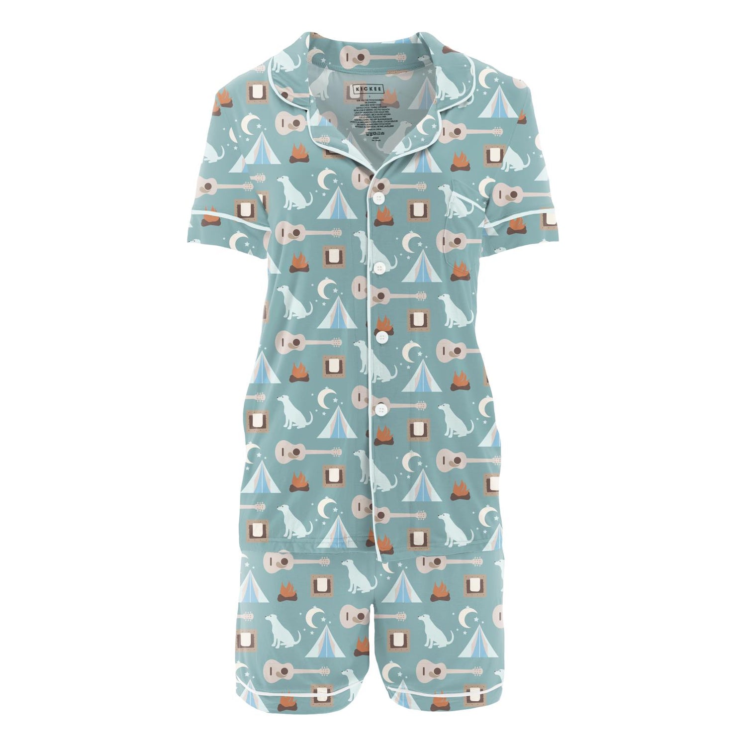 Women's Print Short Sleeve Collared Pajama Set with Shorts in Jade Campfire (322082)