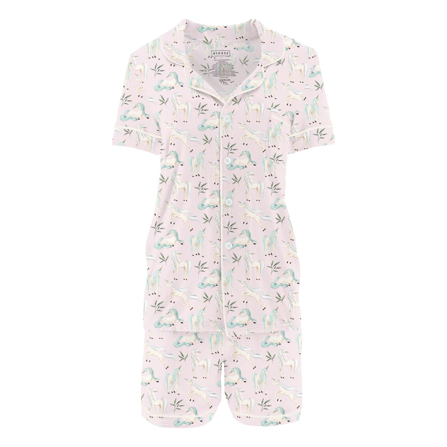 Women's Print Short Sleeve Collared Pajama Set with Shorts in Shrinking Violet Sleeping Unicorns (322606)