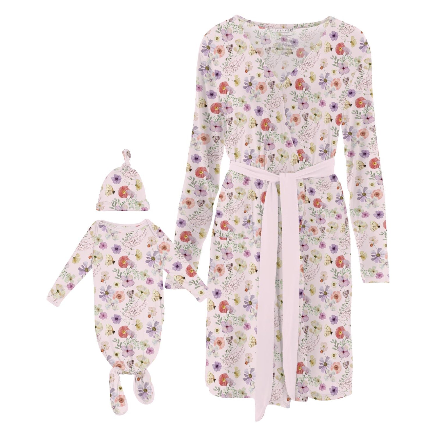 Women's Print Mid-Length Lounge Robe & Knotted Layette Gown Set in Shrinking Violet Pressed Flowers (321822)