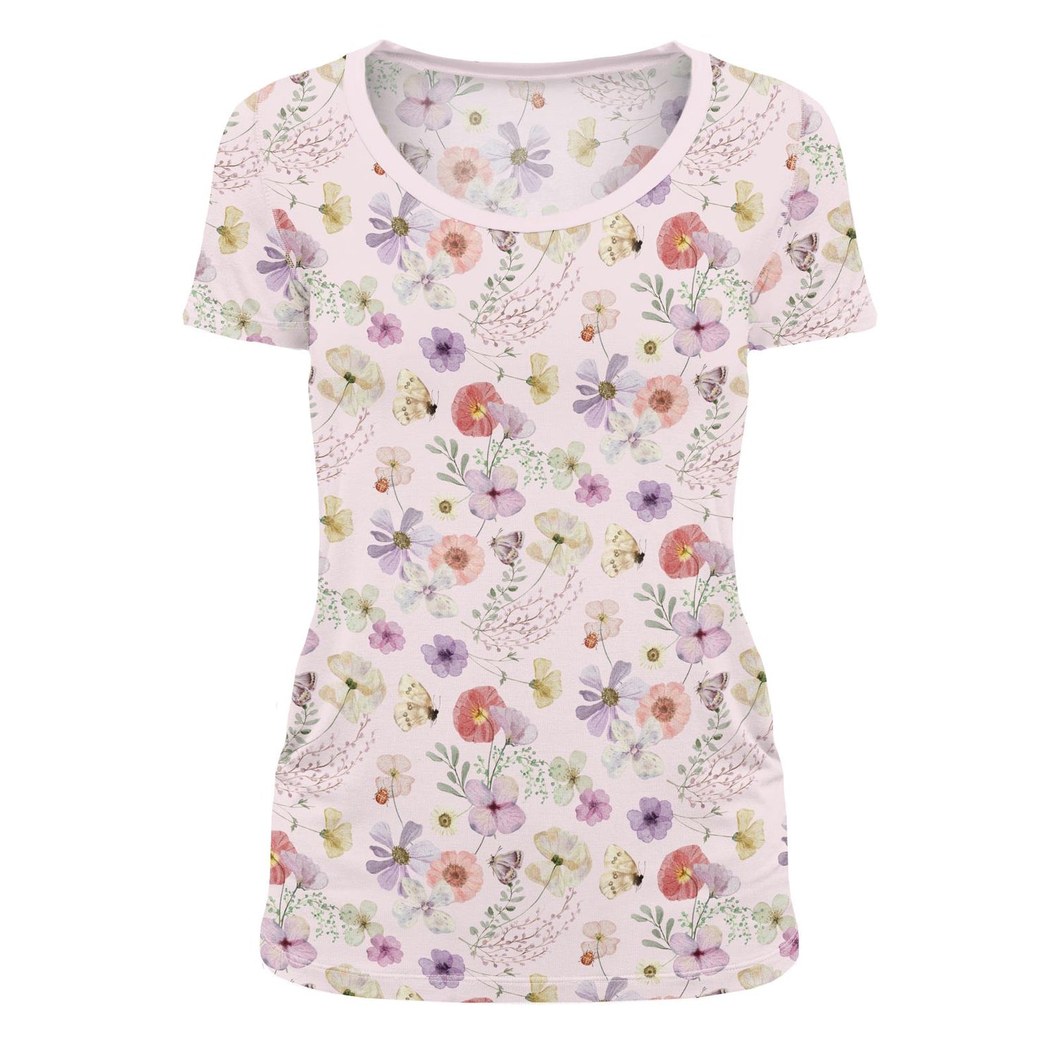 Women's Print Short Sleeve Scoop Neck Tee in Shrinking Violet Pressed Flowers (322407)