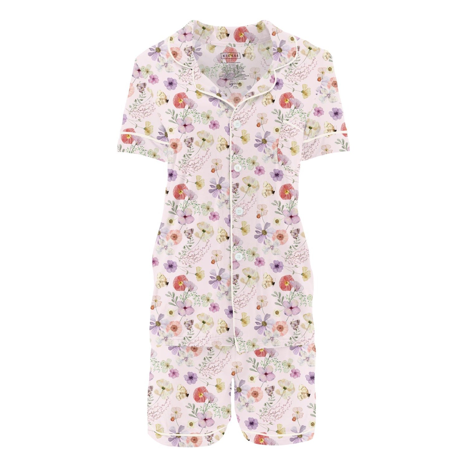 Women's Print Short Sleeve Collared Pajama Set with Shorts in Shrinking Violet Pressed Flowers (322490)
