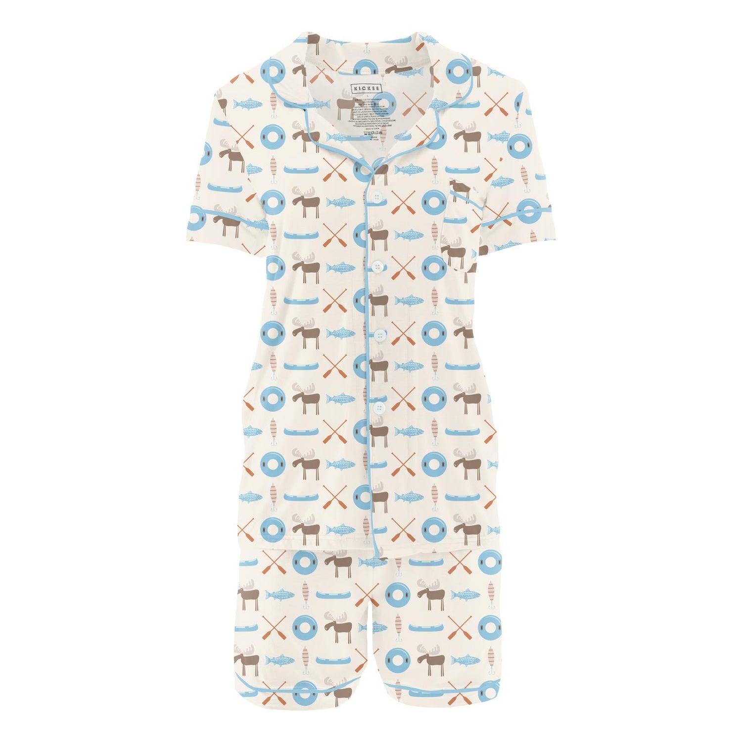 Women's Print Short Sleeve Collared Pajama Set with Shorts in Natural Lake Life (322623)