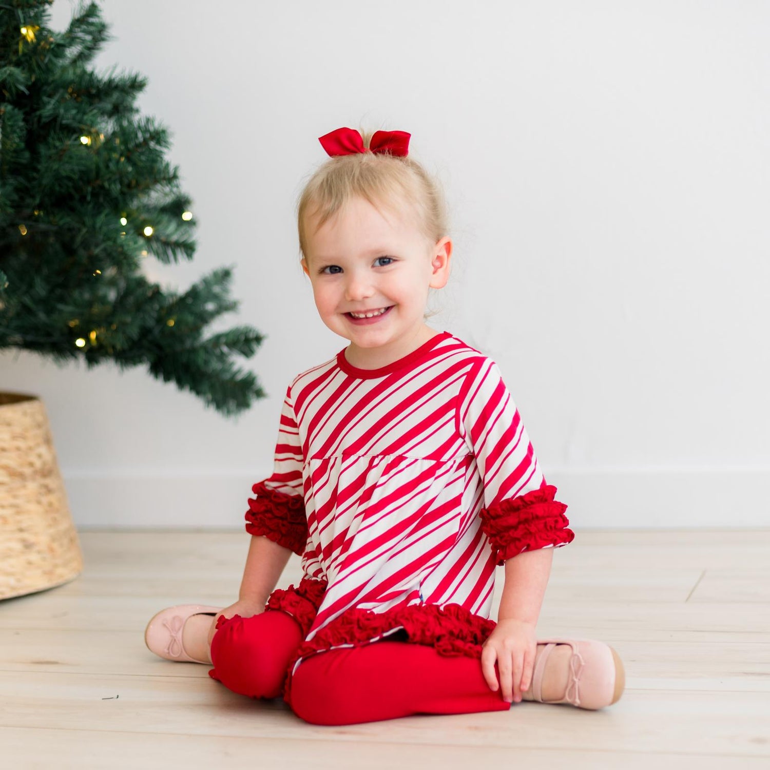 Print 3/4 Sleeve Babydoll Outfit Set in Peppermint Stripe (373211)