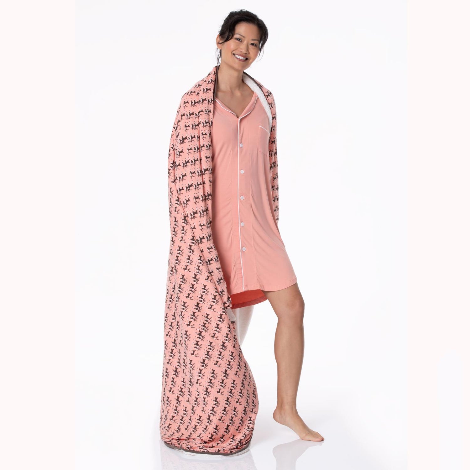 Women's Long Sleeve Button Down Night Shirt in Blush with Natural