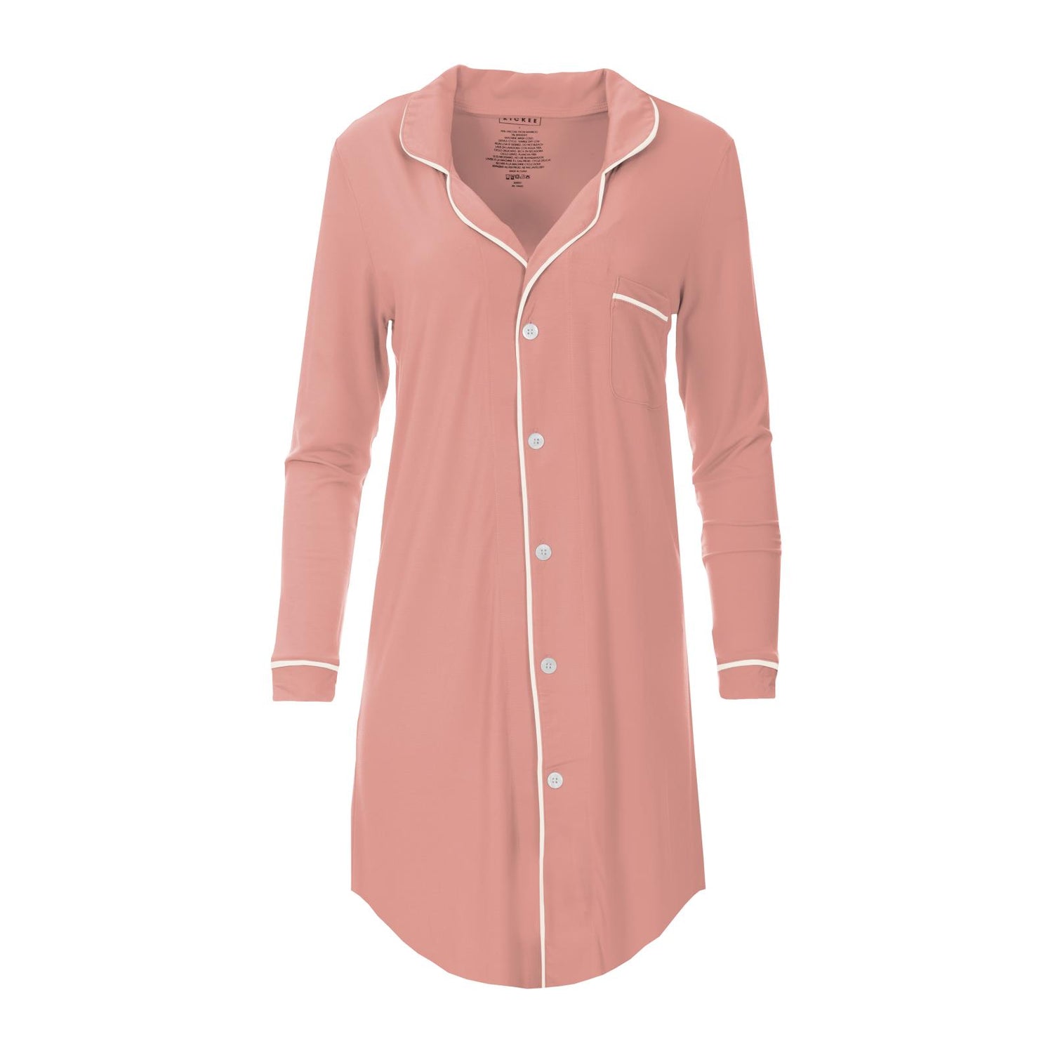 Women's Long Sleeve Button Down Night Shirt in Blush with Natural