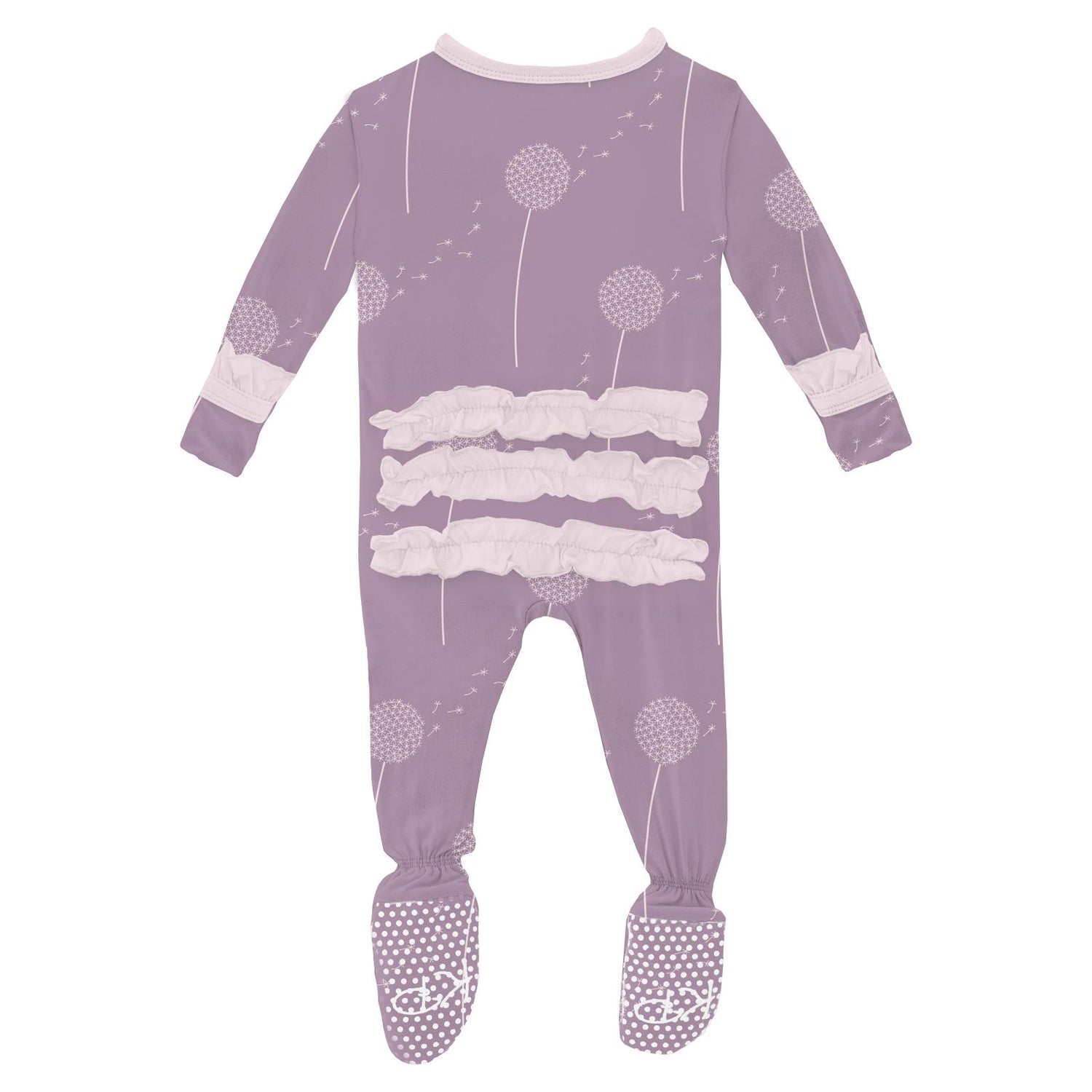 Print Classic Ruffle Footie with Snaps in Lavender Dandelion Wish