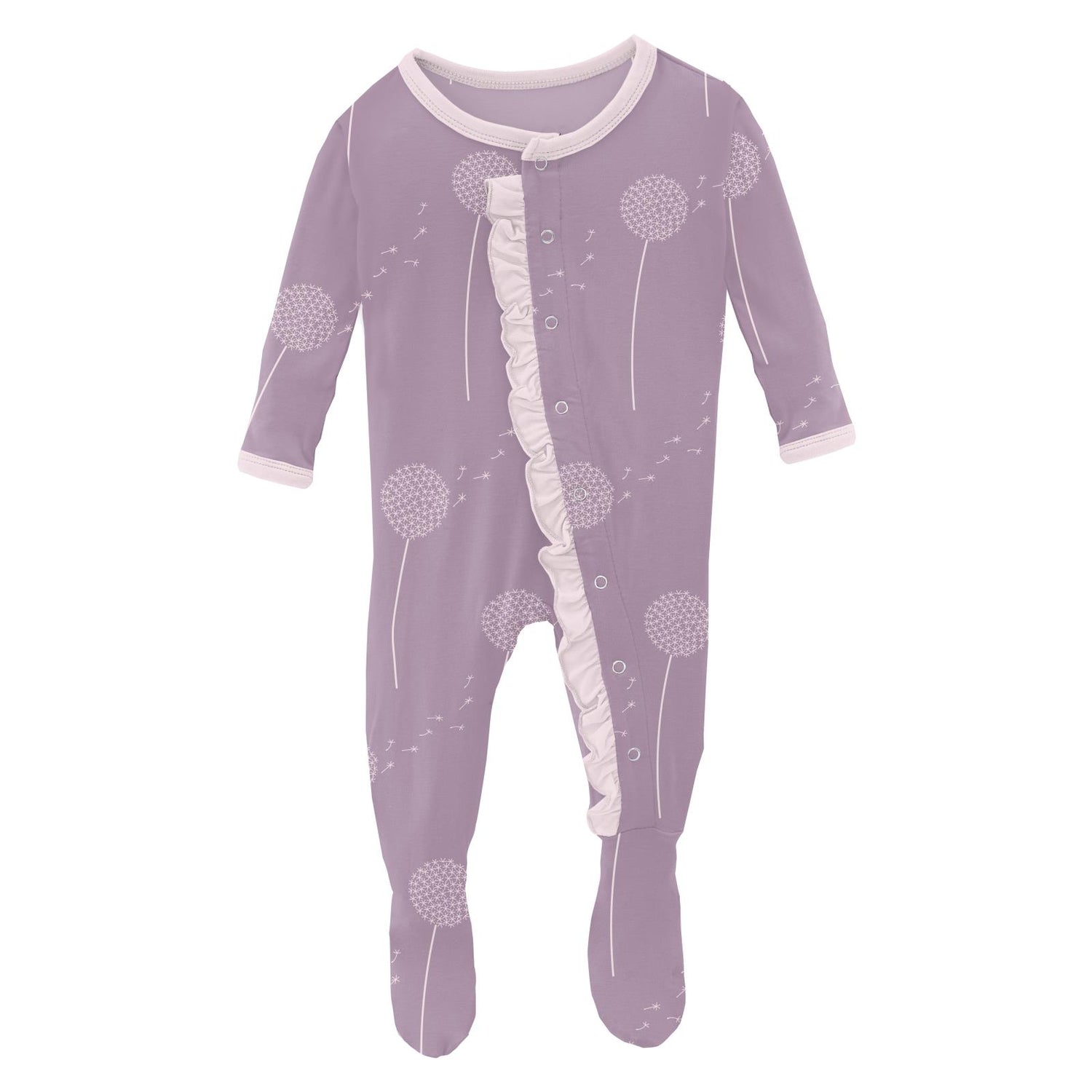 Print Classic Ruffle Footie with Snaps in Lavender Dandelion Wish
