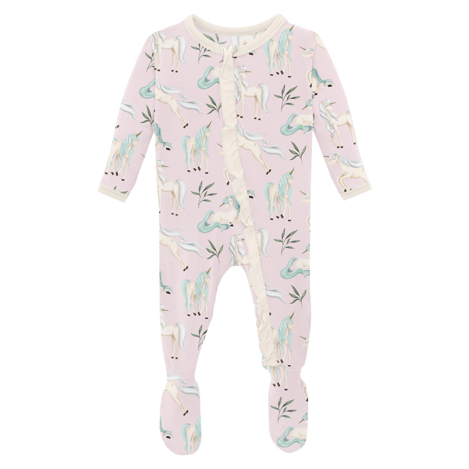 Print Classic Ruffle Footie with 2 Way Zipper in Shrinking Violet Sleeping Unicorns
