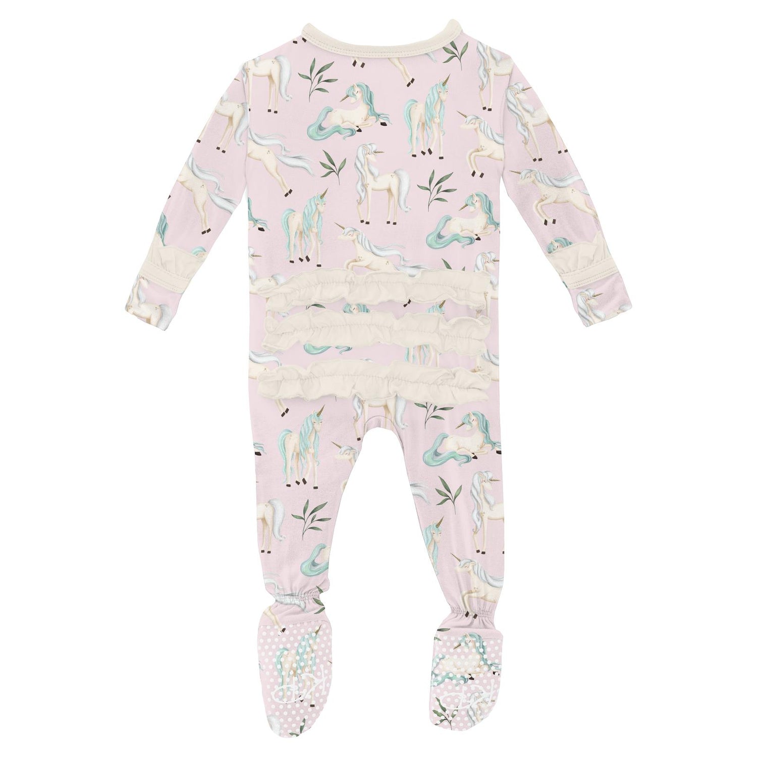Print Classic Ruffle Footie with Snaps in Shrinking Violet Sleeping Unicorns