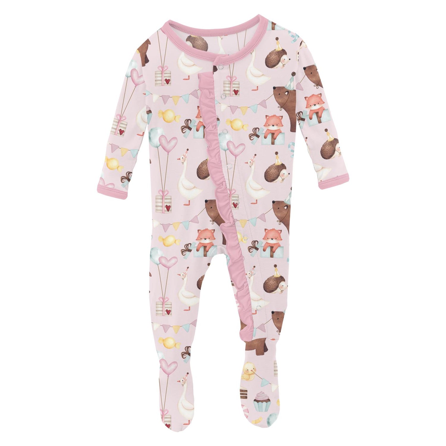 Print Classic Ruffle Footie with Snaps in Shrinking Violet Forest Party