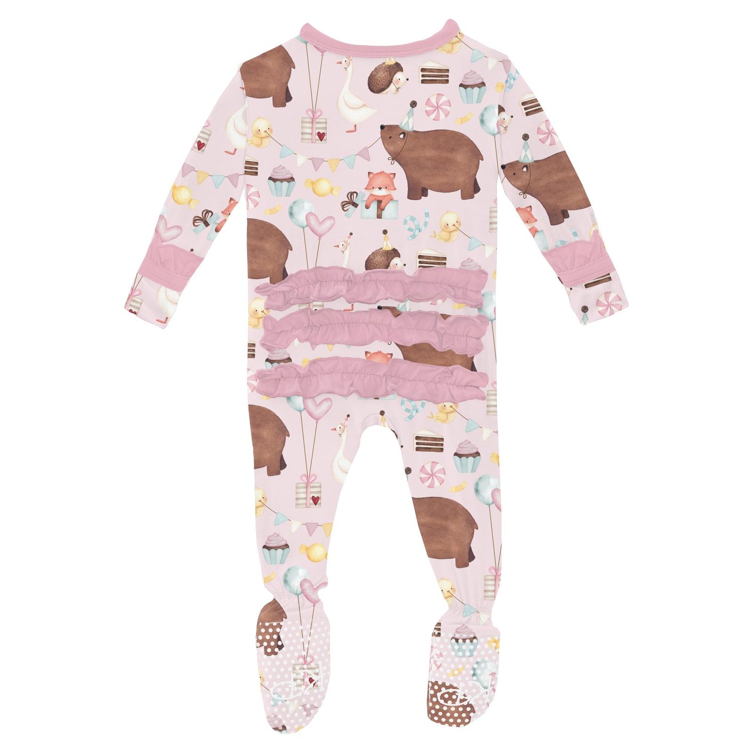 Print Classic Ruffle Footie with 2 Way Zipper in Shrinking Violet Forest Party