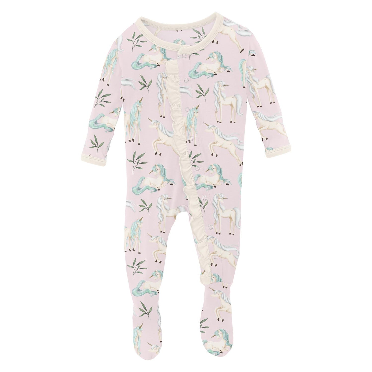 Print Classic Ruffle Footie with Snaps in Shrinking Violet Sleeping Unicorns