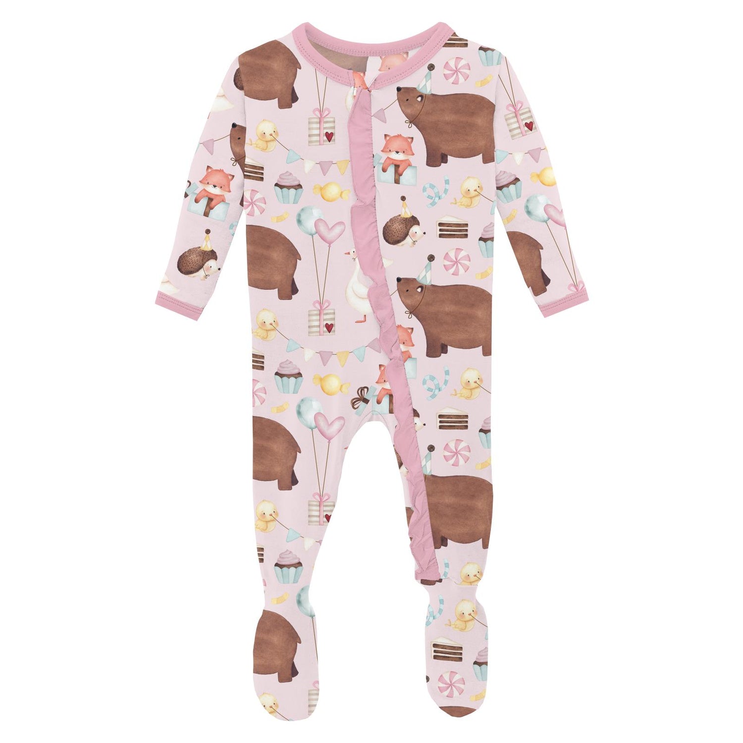 Print Classic Ruffle Footie with 2 Way Zipper in Shrinking Violet Forest Party