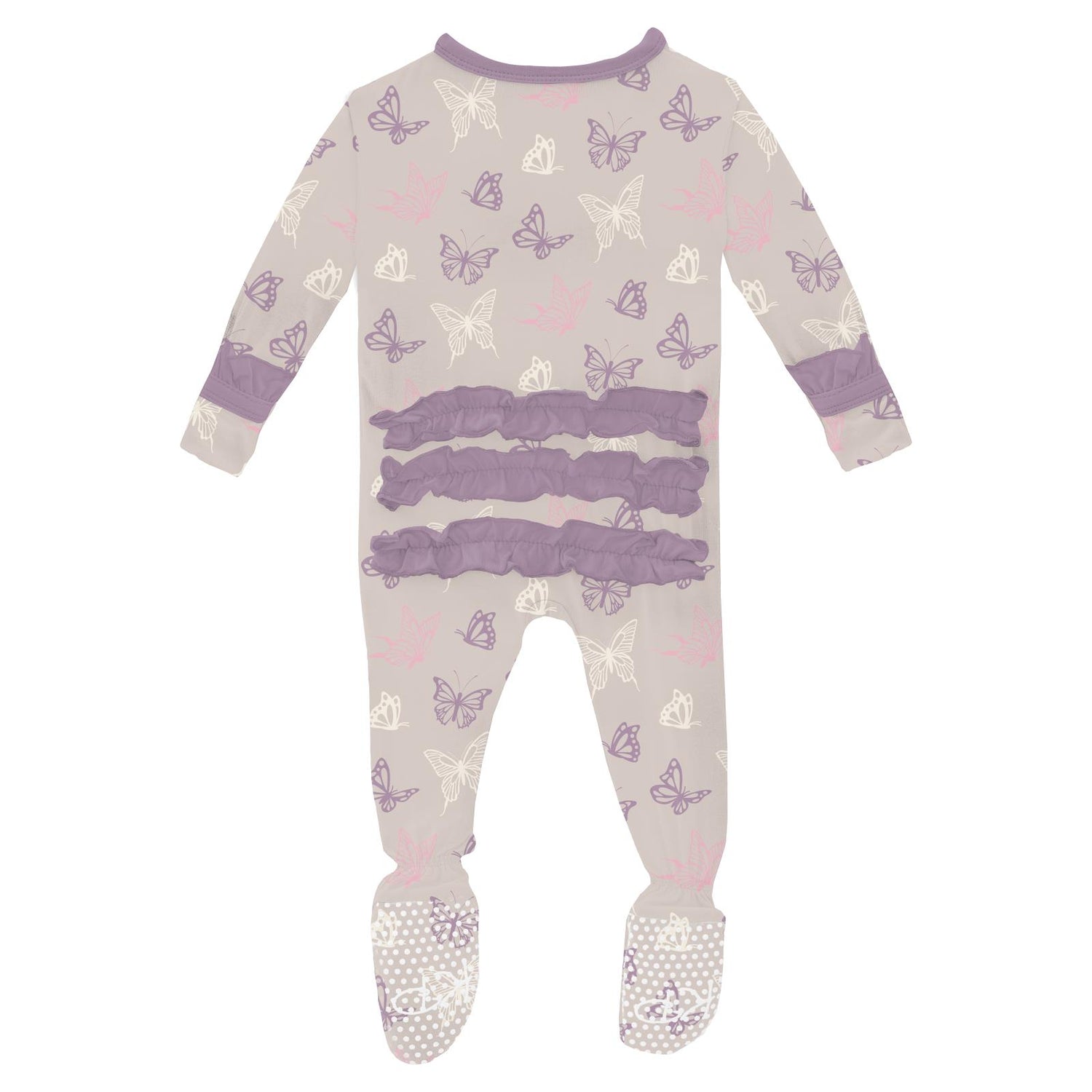 Print Classic Ruffle Footie with 2 Way Zipper in Latte Butterflies