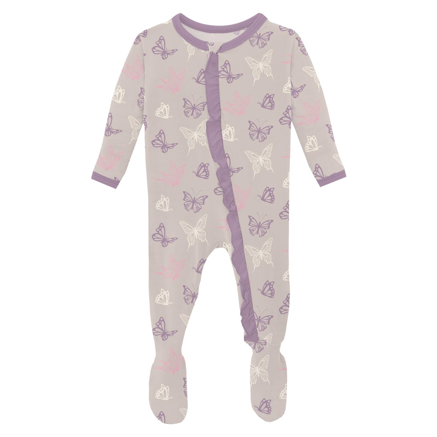 Print Classic Ruffle Footie with 2 Way Zipper in Latte Butterflies