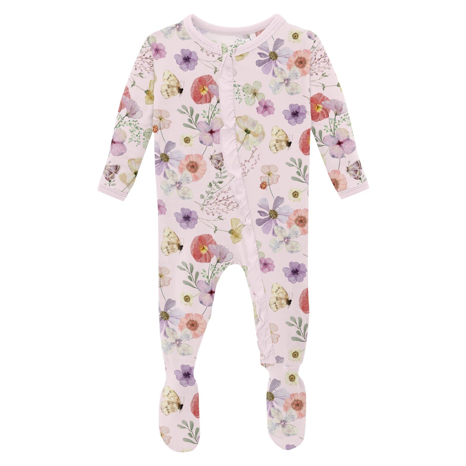 Print Classic Ruffle Footie with 2 Way Zipper in Shrinking Violet Pressed Flowers