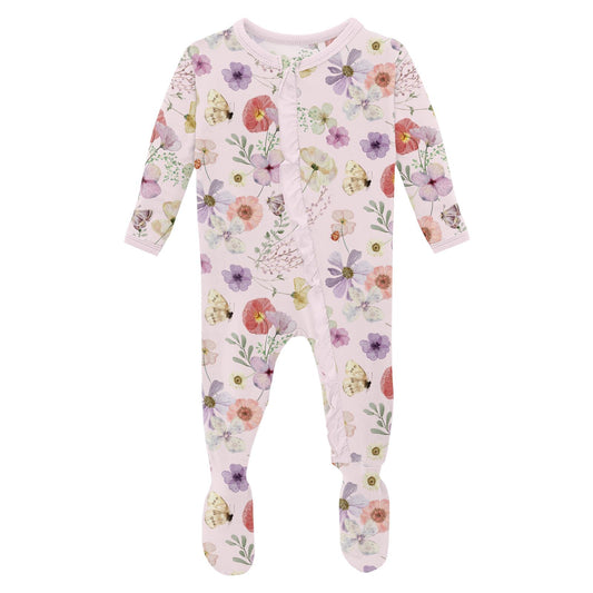 Print Classic Ruffle Footie with 2 Way Zipper in Shrinking Violet Pressed Flowers