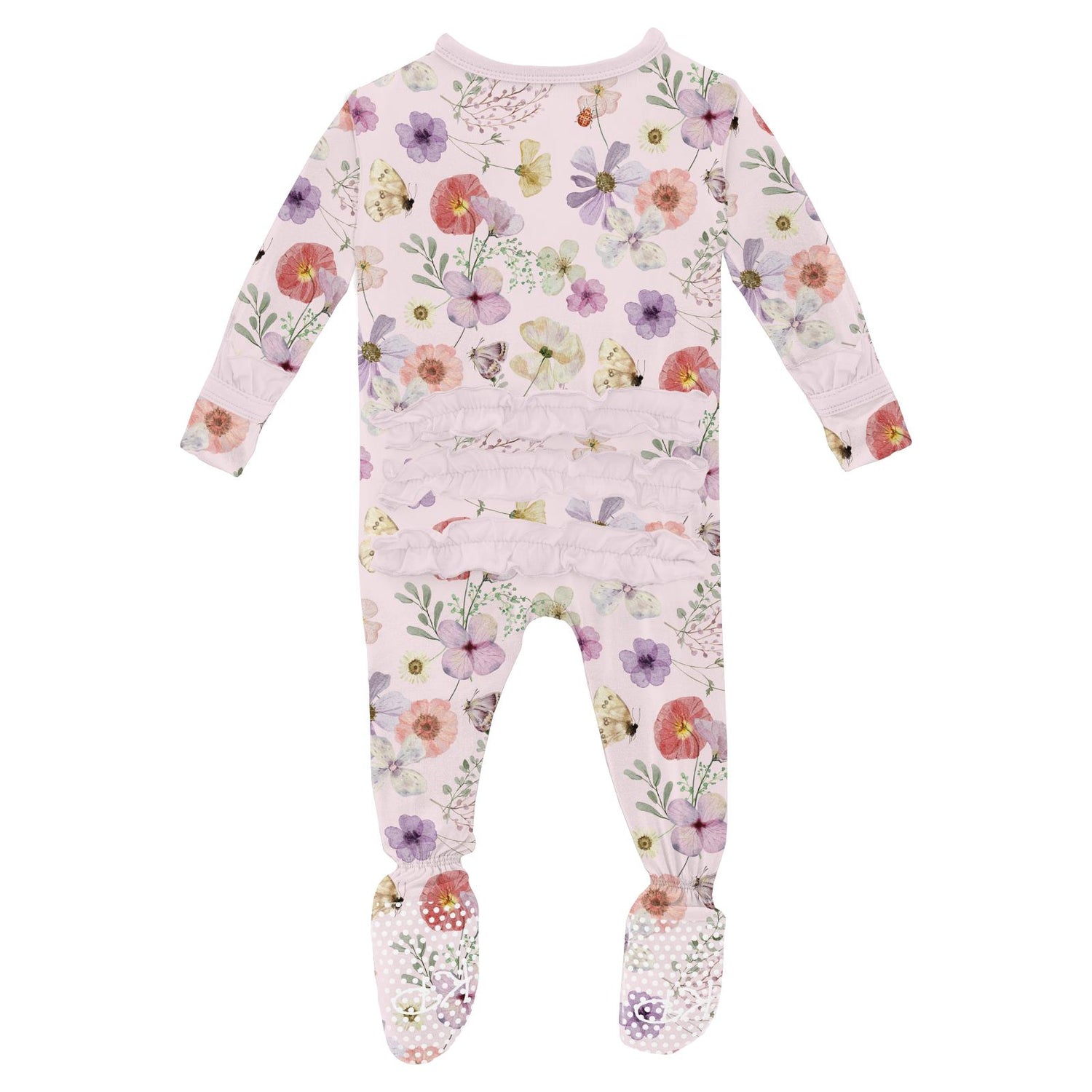 Print Classic Ruffle Footie with 2 Way Zipper in Shrinking Violet Pressed Flowers