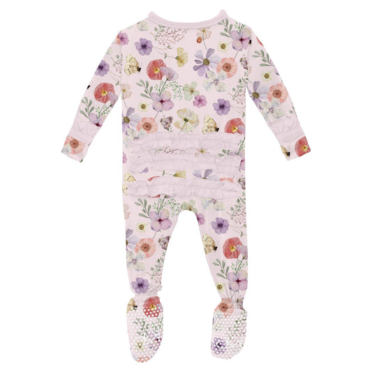 Print Classic Ruffle Footie with 2 Way Zipper in Shrinking Violet Pressed Flowers