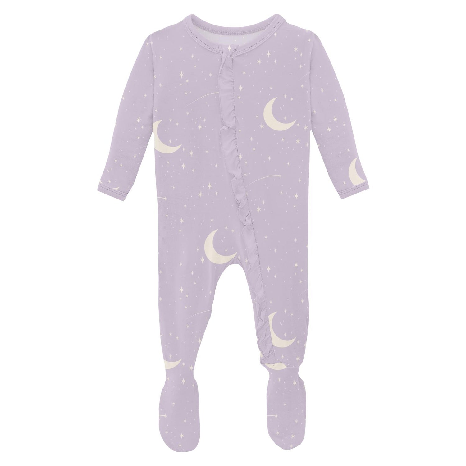 Print Classic Ruffle Footie with 2 Way Zipper in Thistle Starry Sky & Moon