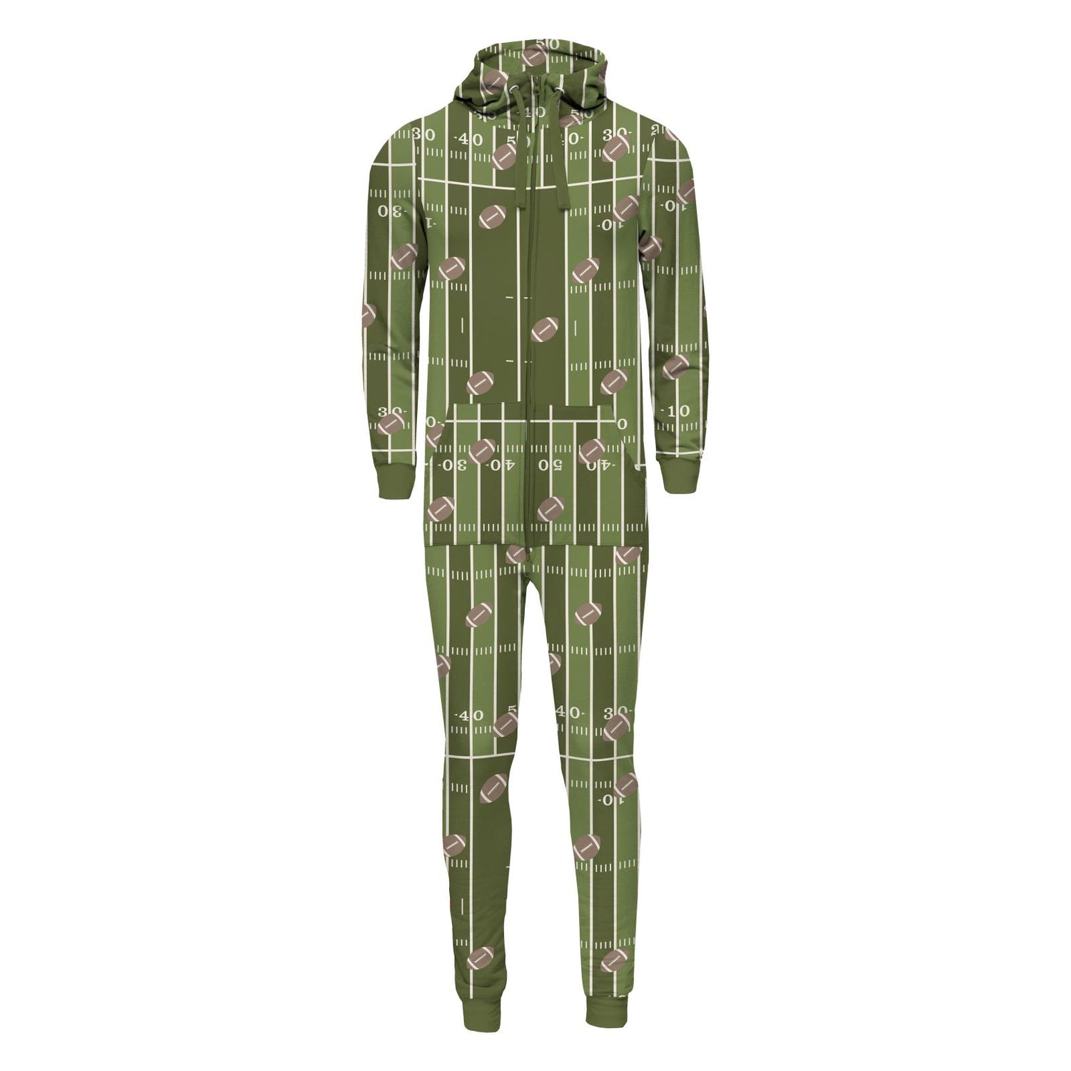 Print Adult Fleece Jumpsuit with Hood in Pesto Football (331865)