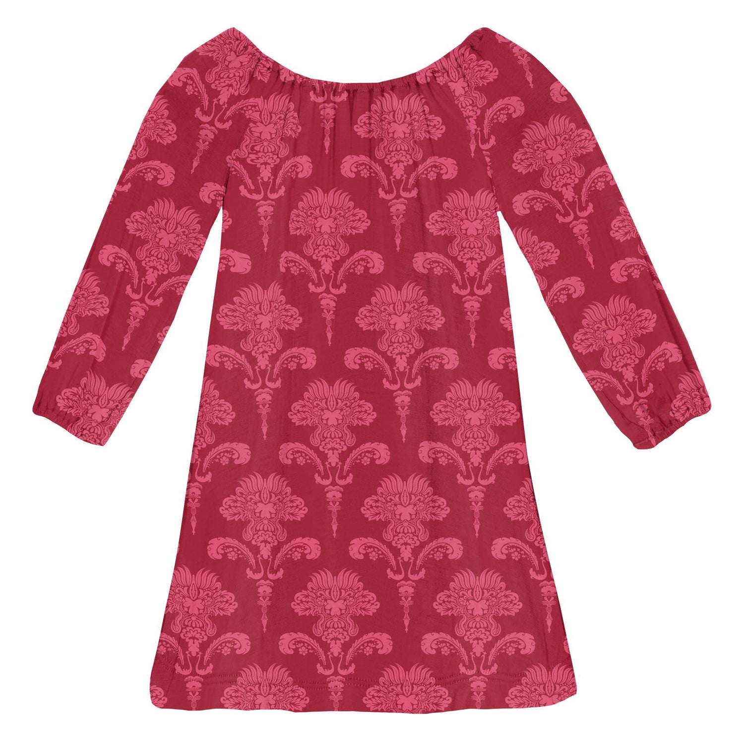 Print Long Sleeve Peasant Dress in Crimson Damask