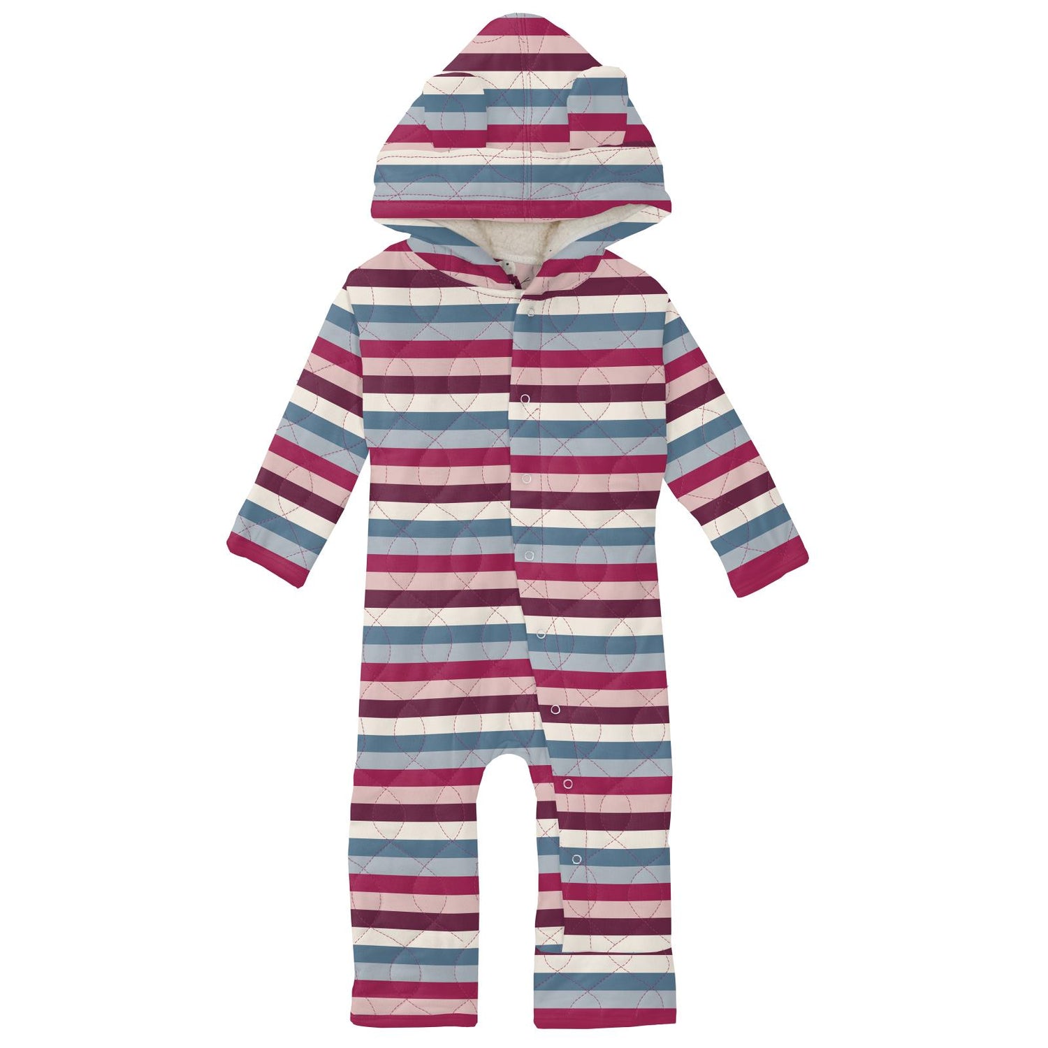 Print Quilted Hoodie Coverall with Sherpa-Lined Hood in Jingle Bell Stripe/Baby Rose Snowman (254462)