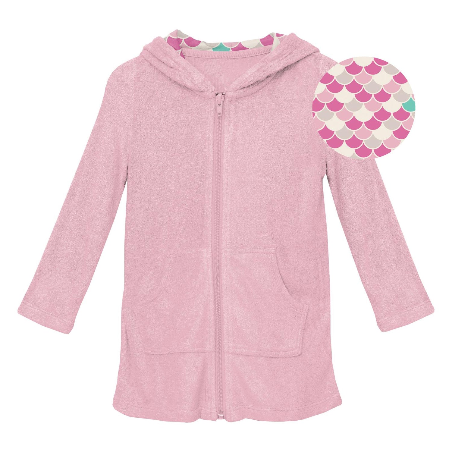 Terry Zip-Front After Swim Robe with Print Lined Hood in Cake Pop with Tulip Scales (269189)