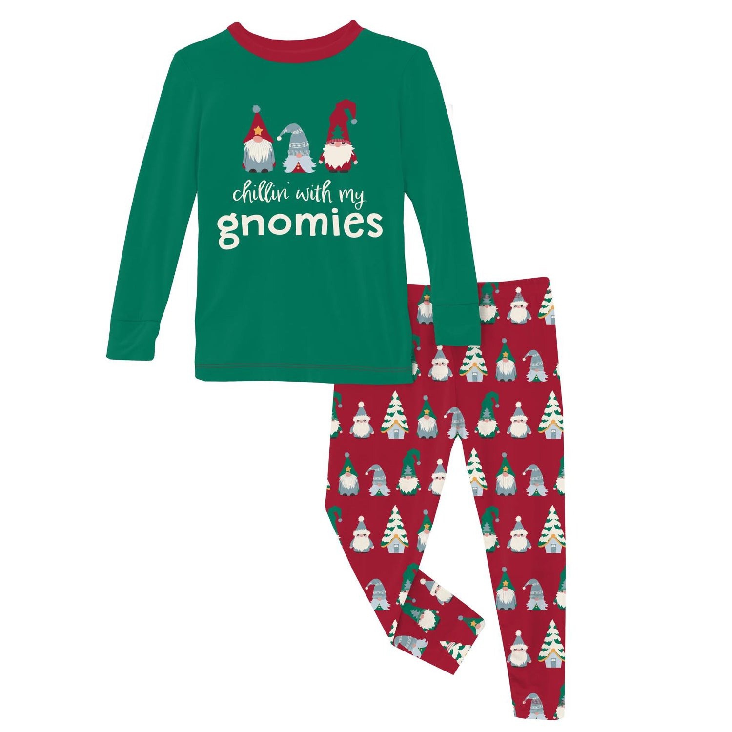 Long Sleeve Graphic Tee Pajama Set in Crimson Gnomes