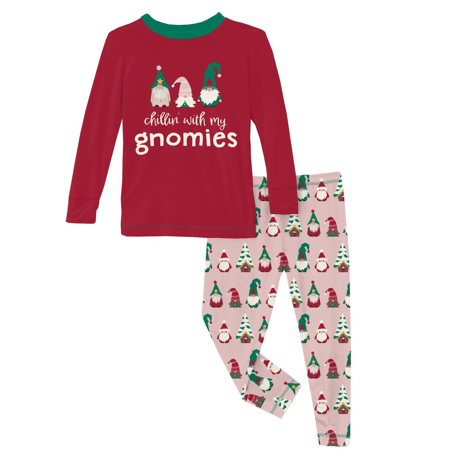 Long Sleeve Graphic Tee Pajama Set in Baby Rose Gnomes