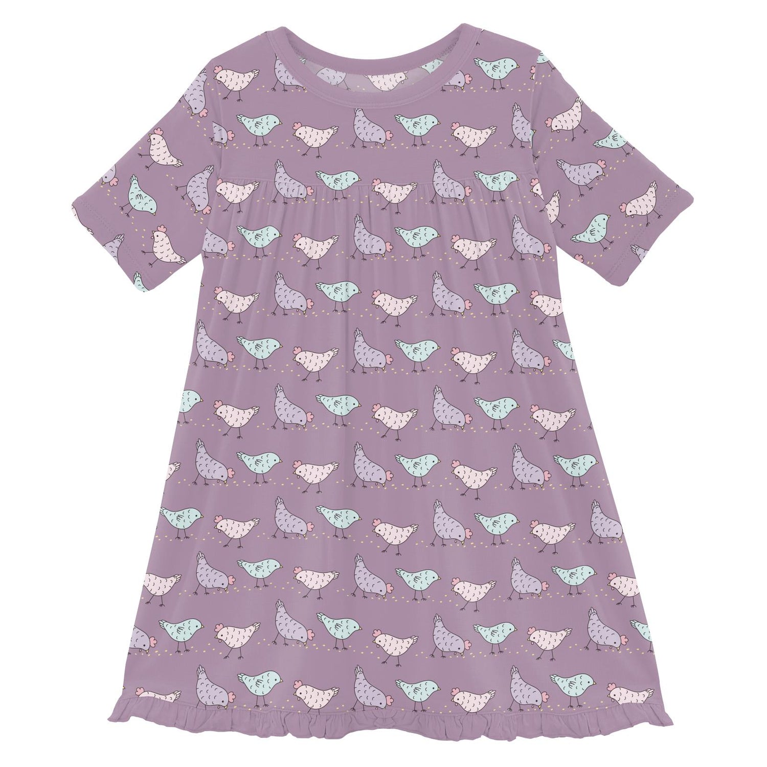Print Classic Short Sleeve Swing Dress in Lavender Chickens (313558)