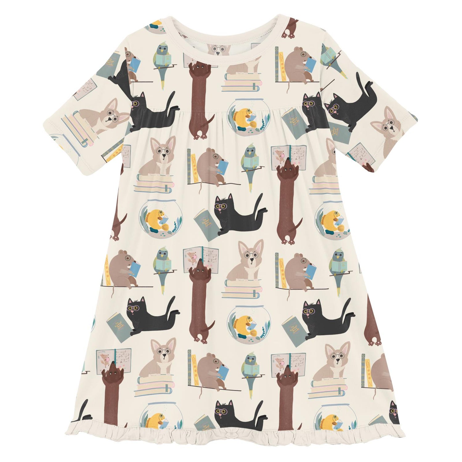 Print Classic Short Sleeve Swing Dress in Natural Books & Pets (313617)