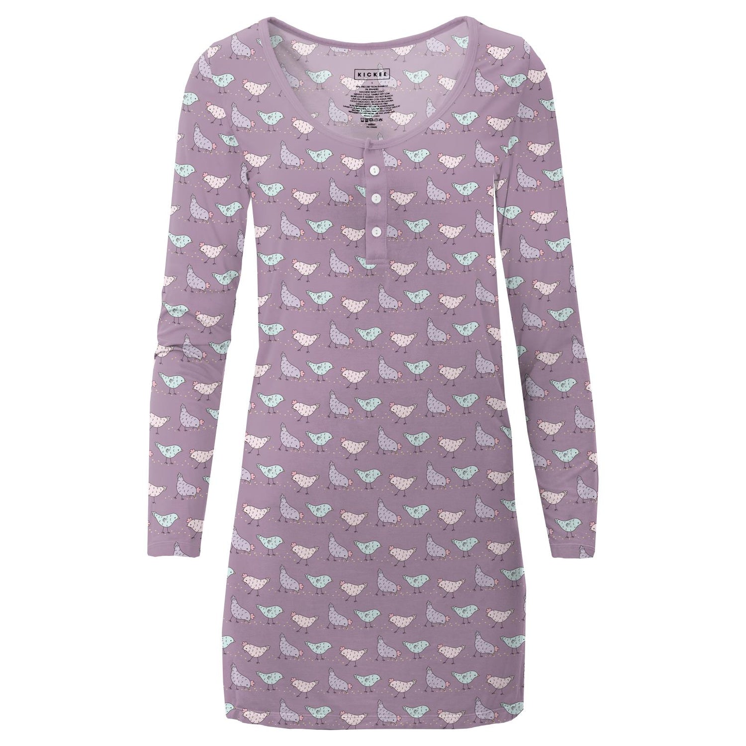 Women's Print Long Sleeve Nightshirt in Lavender Chickens