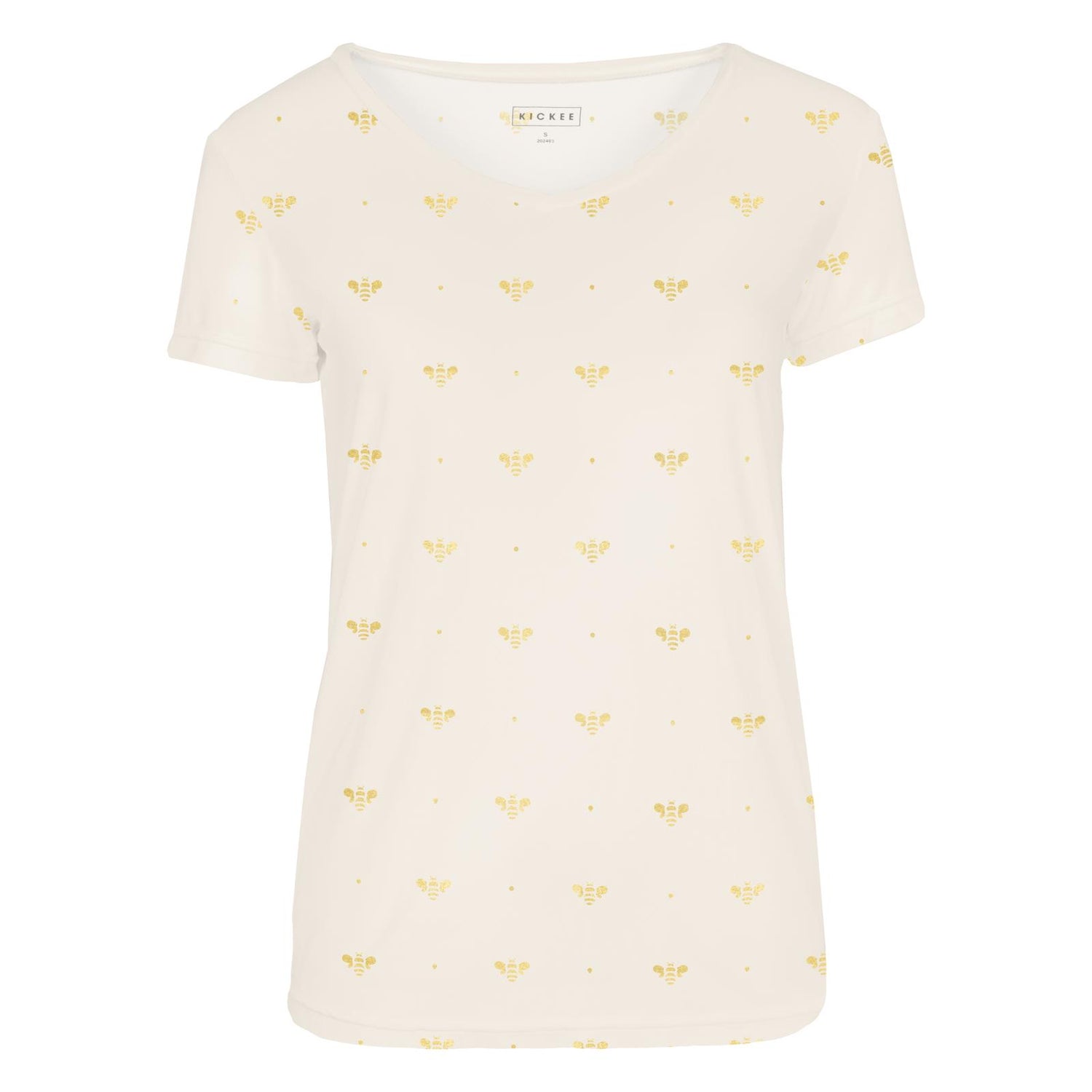 Women's Print Short Sleeve V-Neck Relaxed Tee in Gold Bees