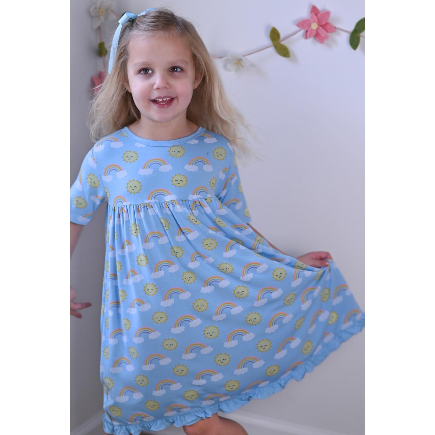 Print Short Sleeve Swing Dress in Sunshine and Rainbows (359528)