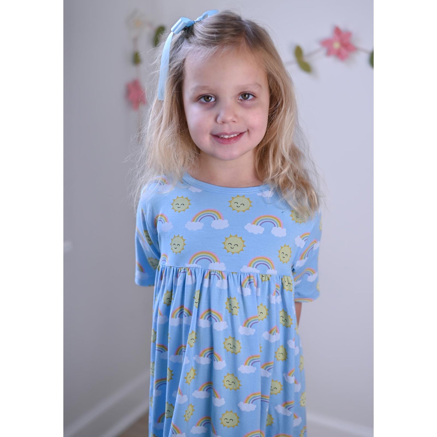 Print Short Sleeve Swing Dress in Sunshine and Rainbows (359522)