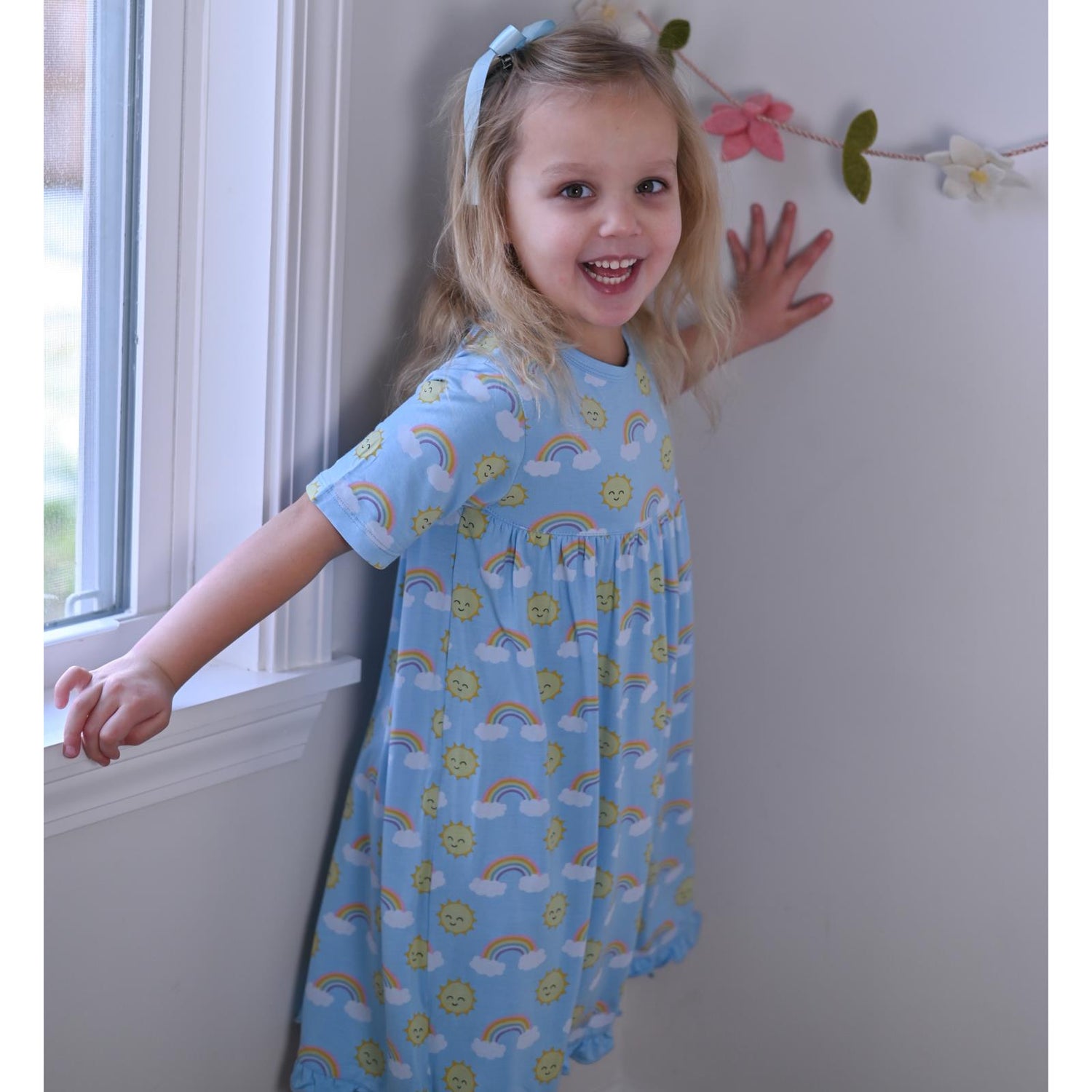 Print Short Sleeve Swing Dress in Sunshine and Rainbows (359523)
